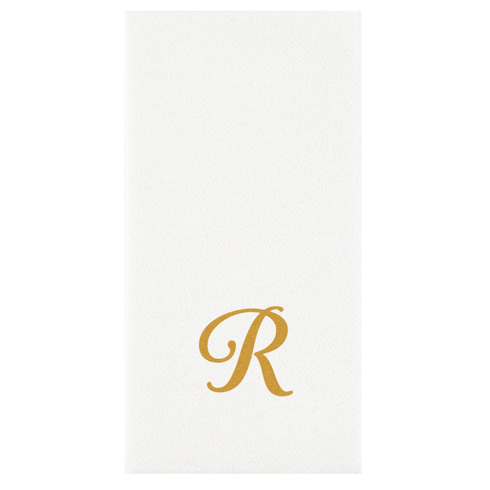 Luxenap Rectangle Gold Letter R White Paper Linen-Feel Guest Towel / Napkin - Air Laid, Cursive Font - 15 3/4" x 8" - 50 count box