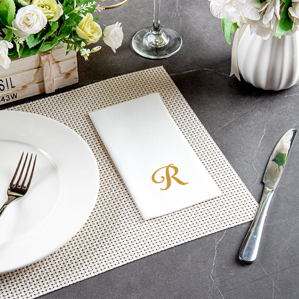 Luxenap Rectangle Gold Letter R White Paper Linen-Feel Guest Towel / Napkin - Air Laid, Cursive Font - 15 3/4" x 8" - 50 count box