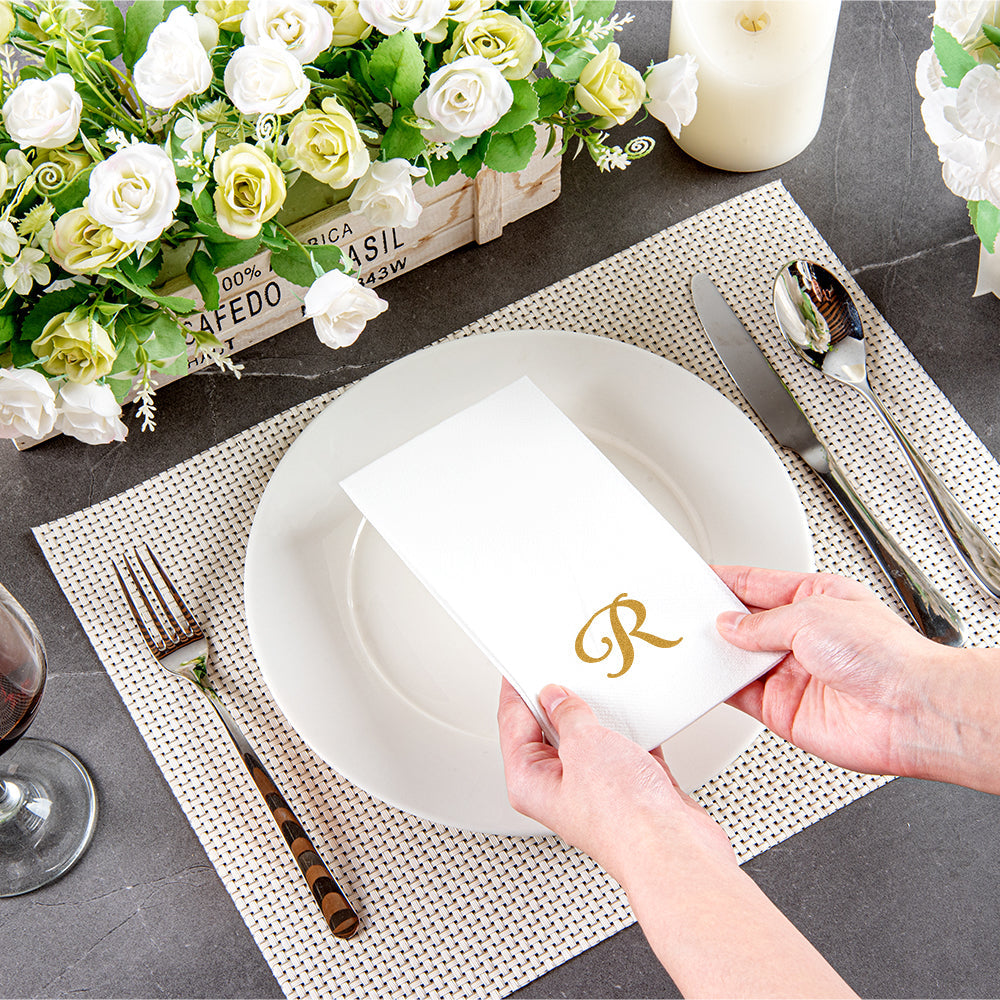 Luxenap Rectangle Gold Letter R White Paper Linen-Feel Guest Towel / Napkin - Air Laid, Cursive Font - 15 3/4" x 8" - 50 count box