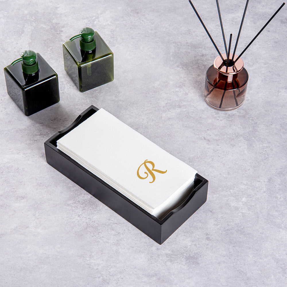 Luxenap Rectangle Gold Letter R White Paper Linen-Feel Guest Towel / Napkin - Air Laid, Cursive Font - 15 3/4" x 8" - 50 count box