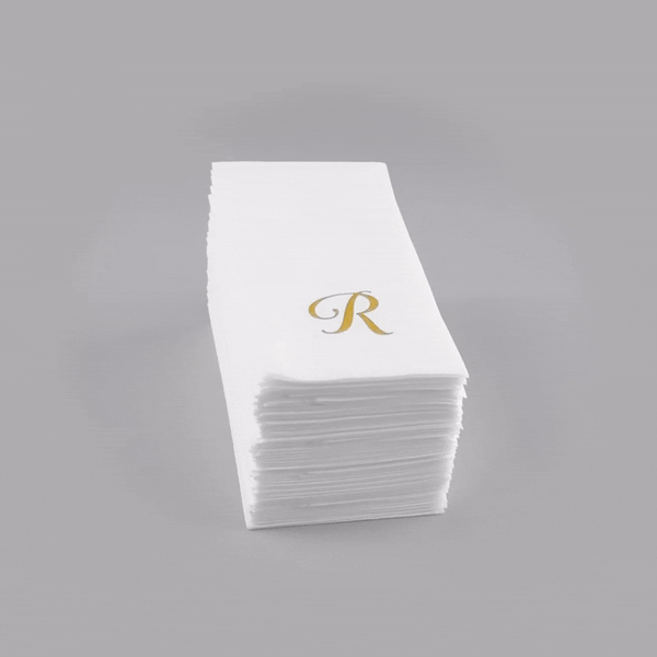 Luxenap Rectangle Gold Letter R White Paper Linen-Feel Guest Towel / Napkin - Air Laid, Cursive Font - 15 3/4" x 8" - 2000 count box