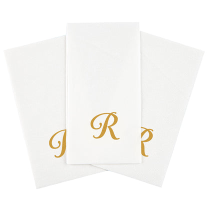Luxenap Rectangle Gold Letter R White Paper Linen-Feel Guest Towel / Napkin - Air Laid, Cursive Font - 15 3/4" x 8" - 2000 count box