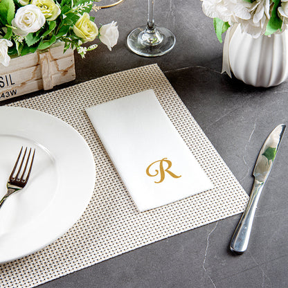 Luxenap Rectangle Gold Letter R White Paper Linen-Feel Guest Towel / Napkin - Air Laid, Cursive Font - 15 3/4" x 8" - 2000 count box