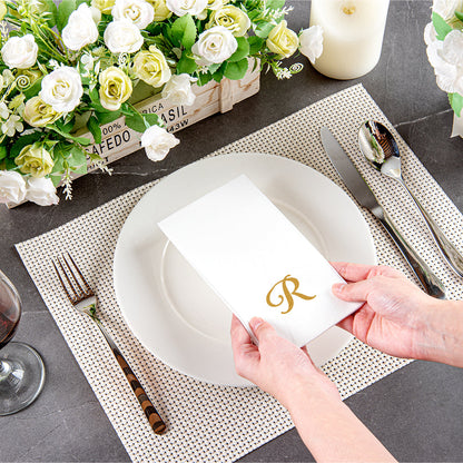 Luxenap Rectangle Gold Letter R White Paper Linen-Feel Guest Towel / Napkin - Air Laid, Cursive Font - 15 3/4" x 8" - 2000 count box