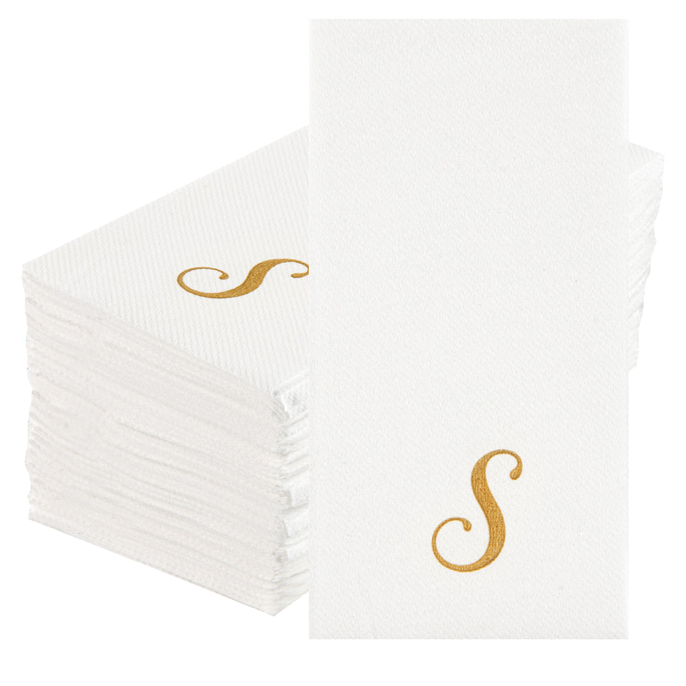 Luxenap Rectangle Gold Letter S White Paper Linen-Feel Guest Towel / Napkin - Air Laid, Cursive Font - 15 3/4" x 8" - 50 count box
