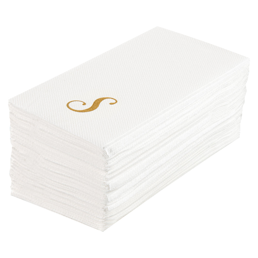 Luxenap Rectangle Gold Letter S White Paper Linen-Feel Guest Towel / Napkin - Air Laid, Cursive Font - 15 3/4" x 8" - 50 count box