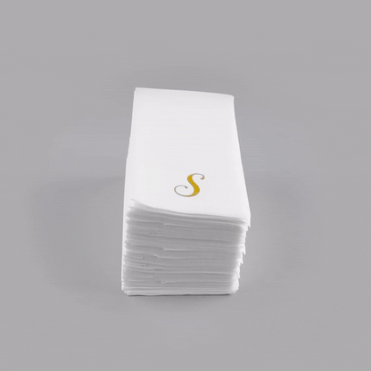 Luxenap Rectangle Gold Letter S White Paper Linen-Feel Guest Towel / Napkin - Air Laid, Cursive Font - 15 3/4" x 8" - 50 count box