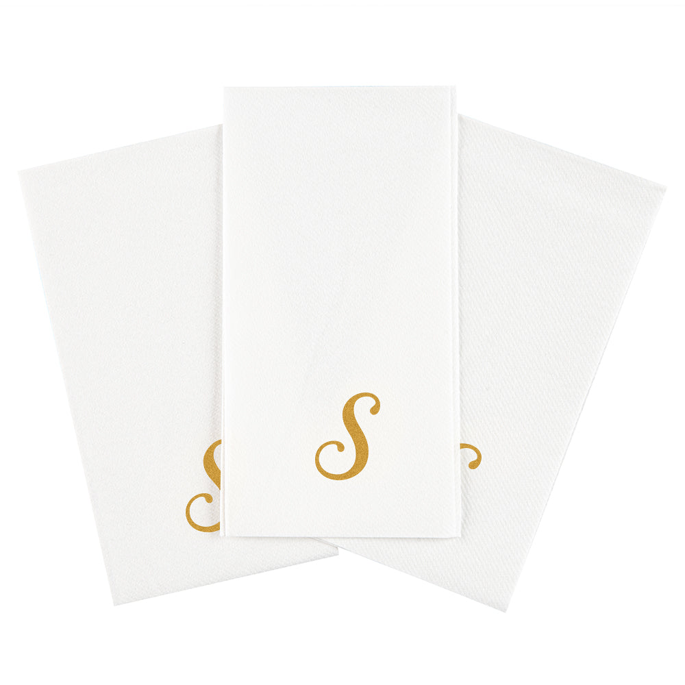 Luxenap Rectangle Gold Letter S White Paper Linen-Feel Guest Towel / Napkin - Air Laid, Cursive Font - 15 3/4" x 8" - 50 count box
