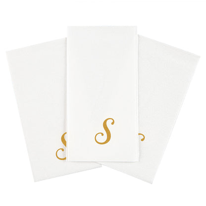 Luxenap Rectangle Gold Letter S White Paper Linen-Feel Guest Towel / Napkin - Air Laid, Cursive Font - 15 3/4" x 8" - 50 count box