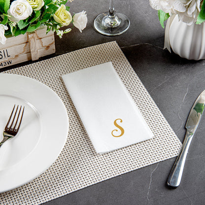 Luxenap Rectangle Gold Letter S White Paper Linen-Feel Guest Towel / Napkin - Air Laid, Cursive Font - 15 3/4" x 8" - 50 count box
