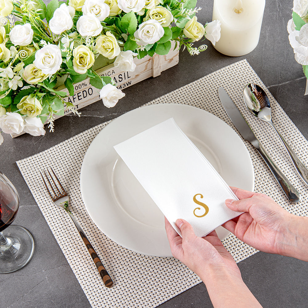 Luxenap Rectangle Gold Letter S White Paper Linen-Feel Guest Towel / Napkin - Air Laid, Cursive Font - 15 3/4" x 8" - 50 count box