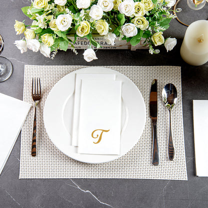 Luxenap Rectangle Gold Letter T White Paper Linen-Feel Guest Towel / Napkin - Air Laid, Cursive Font - 15 3/4" x 8" - 2000 count box