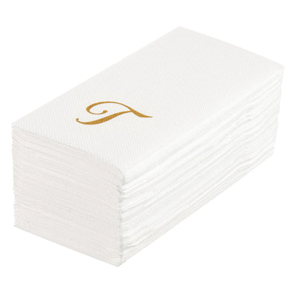 Luxenap Rectangle Gold Letter T White Paper Linen-Feel Guest Towel / Napkin - Air Laid, Cursive Font - 15 3/4" x 8" - 50 count box