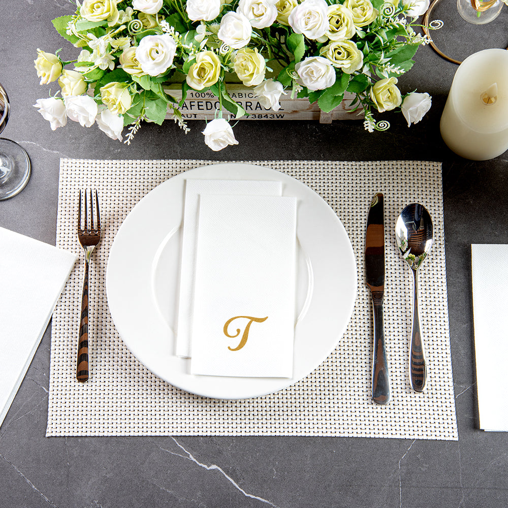 Luxenap Rectangle Gold Letter T White Paper Linen-Feel Guest Towel / Napkin - Air Laid, Cursive Font - 15 3/4" x 8" - 50 count box