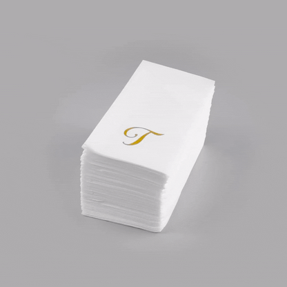 Luxenap Rectangle Gold Letter T White Paper Linen-Feel Guest Towel / Napkin - Air Laid, Cursive Font - 15 3/4" x 8" - 50 count box