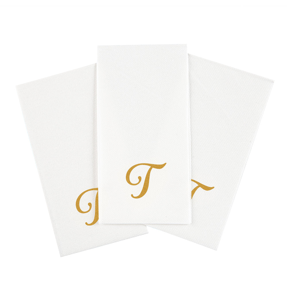 Luxenap Rectangle Gold Letter T White Paper Linen-Feel Guest Towel / Napkin - Air Laid, Cursive Font - 15 3/4" x 8" - 50 count box