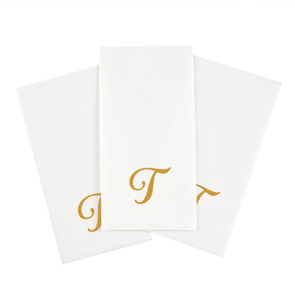 Luxenap Rectangle Gold Letter T White Paper Linen-Feel Guest Towel / Napkin - Air Laid, Cursive Font - 15 3/4" x 8" - 50 count box