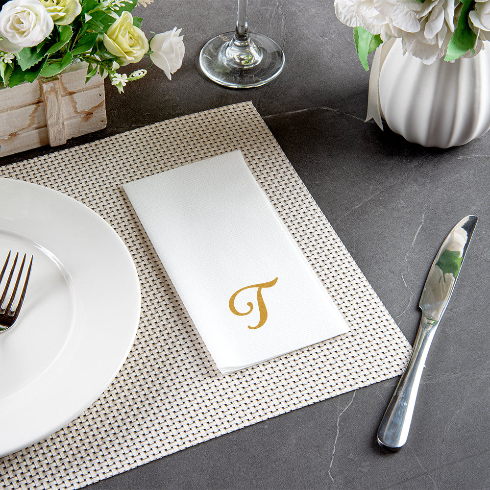 Luxenap Rectangle Gold Letter T White Paper Linen-Feel Guest Towel / Napkin - Air Laid, Cursive Font - 15 3/4" x 8" - 50 count box