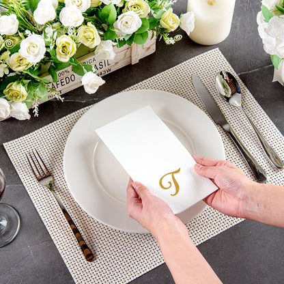 Luxenap Rectangle Gold Letter T White Paper Linen-Feel Guest Towel / Napkin - Air Laid, Cursive Font - 15 3/4" x 8" - 50 count box