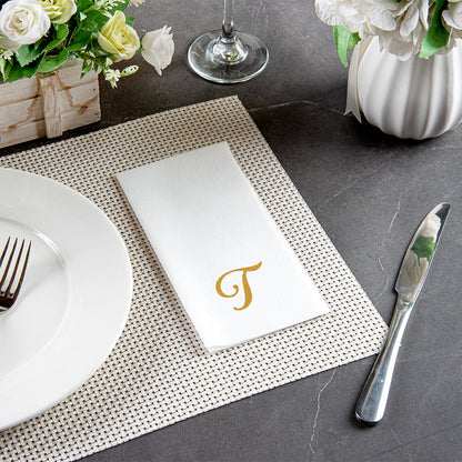 Luxenap Rectangle Gold Letter T White Paper Linen-Feel Guest Towel / Napkin - Air Laid, Cursive Font - 15 3/4" x 8" - 2000 count box