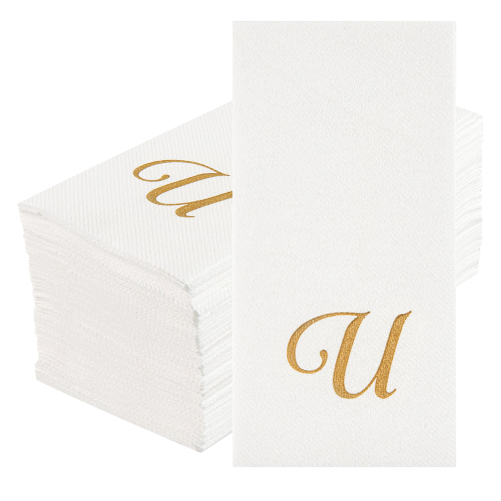 Luxenap Rectangle Gold Letter U White Paper Linen-Feel Guest Towel / Napkin - Air Laid, Cursive Font - 15 3/4" x 8" - 50 count box