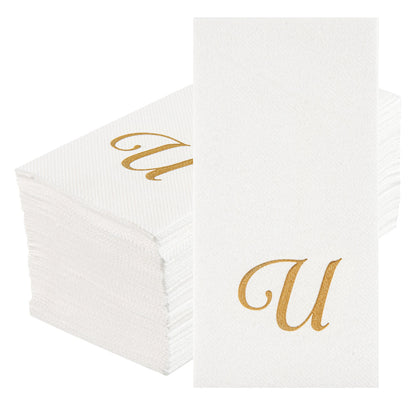 Luxenap Rectangle Gold Letter U White Paper Linen-Feel Guest Towel / Napkin - Air Laid, Cursive Font - 15 3/4" x 8" - 50 count box