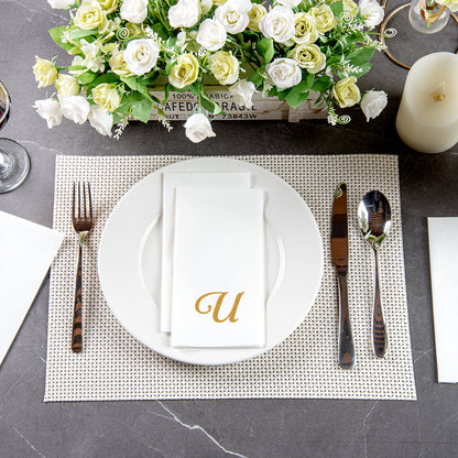 Luxenap Rectangle Gold Letter U White Paper Linen-Feel Guest Towel / Napkin - Air Laid, Cursive Font - 15 3/4" x 8" - 50 count box