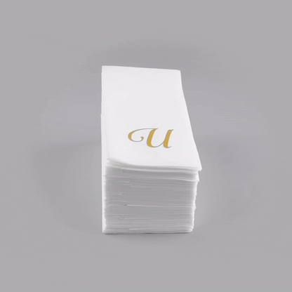 Luxenap Rectangle Gold Letter U White Paper Linen-Feel Guest Towel / Napkin - Air Laid, Cursive Font - 15 3/4" x 8" - 50 count box