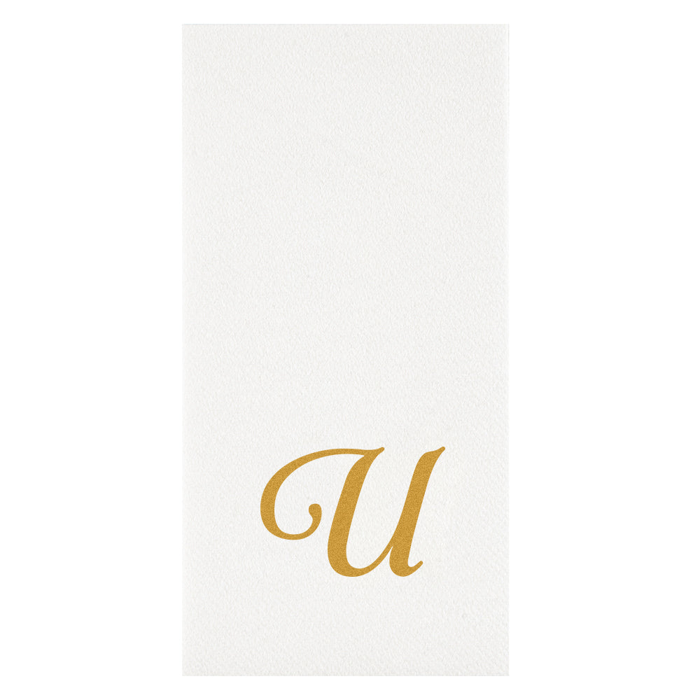 Luxenap Rectangle Gold Letter U White Paper Linen-Feel Guest Towel / Napkin - Air Laid, Cursive Font - 15 3/4" x 8" - 50 count box