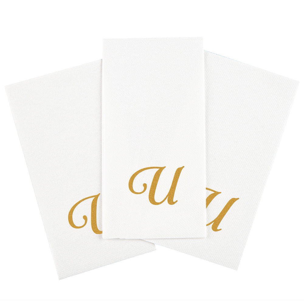 Luxenap Rectangle Gold Letter U White Paper Linen-Feel Guest Towel / Napkin - Air Laid, Cursive Font - 15 3/4" x 8" - 50 count box