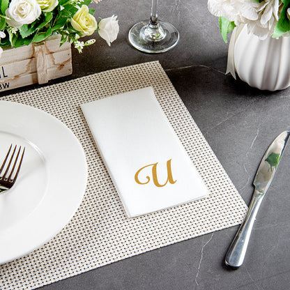 Luxenap Rectangle Gold Letter U White Paper Linen-Feel Guest Towel / Napkin - Air Laid, Cursive Font - 15 3/4" x 8" - 50 count box