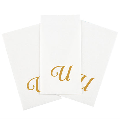 Luxenap Rectangle Gold Letter U White Paper Linen-Feel Guest Towel / Napkin - Air Laid, Cursive Font - 15 3/4" x 8" - 2000 count box