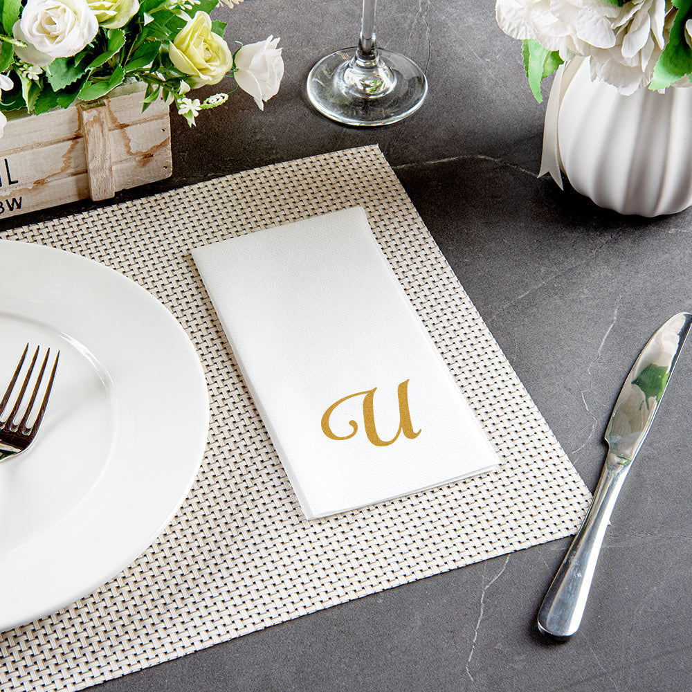 Luxenap Rectangle Gold Letter U White Paper Linen-Feel Guest Towel / Napkin - Air Laid, Cursive Font - 15 3/4" x 8" - 2000 count box