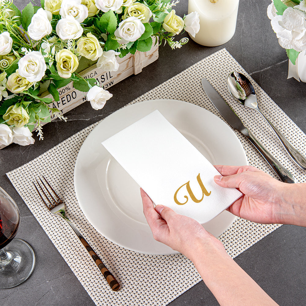Luxenap Rectangle Gold Letter U White Paper Linen-Feel Guest Towel / Napkin - Air Laid, Cursive Font - 15 3/4" x 8" - 2000 count box