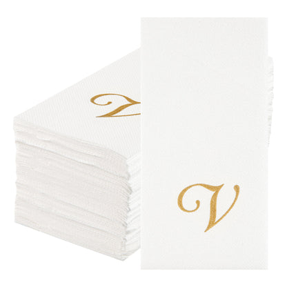 Luxenap Rectangle Gold Letter V White Paper Linen-Feel Guest Towel / Napkin - Air Laid, Cursive Font - 15 3/4" x 8" - 2000 count box