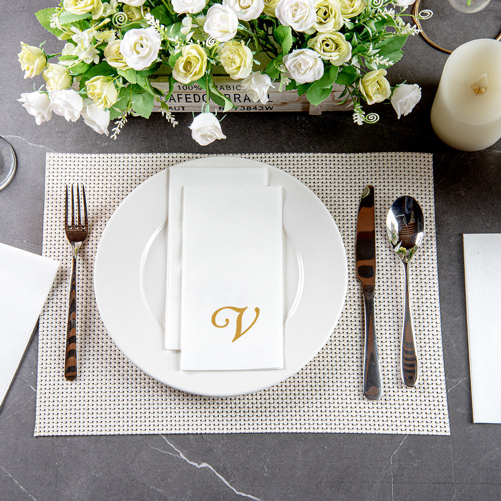 Luxenap Rectangle Gold Letter V White Paper Linen-Feel Guest Towel / Napkin - Air Laid, Cursive Font - 15 3/4" x 8" - 2000 count box