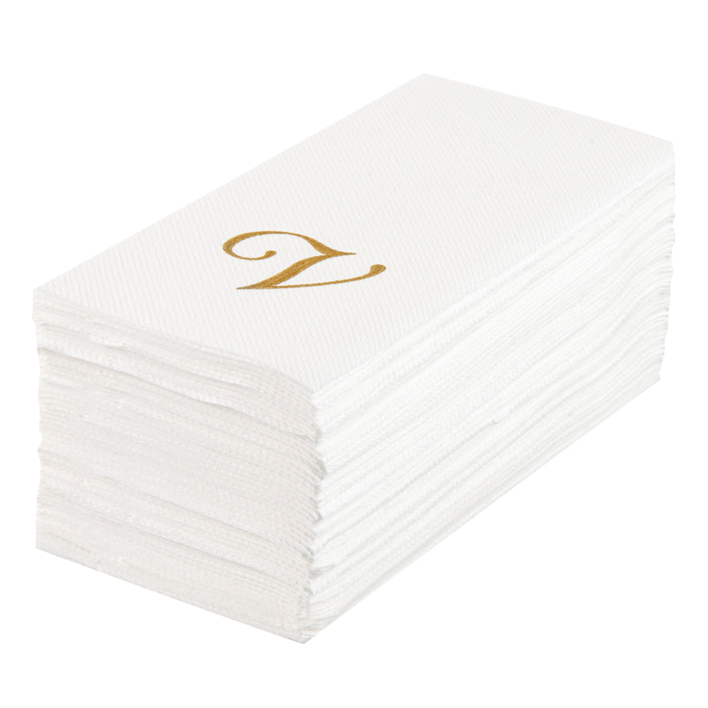 Luxenap Rectangle Gold Letter V White Paper Linen-Feel Guest Towel / Napkin - Air Laid, Cursive Font - 15 3/4" x 8" - 50 count box