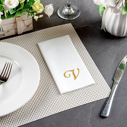 Luxenap Rectangle Gold Letter V White Paper Linen-Feel Guest Towel / Napkin - Air Laid, Cursive Font - 15 3/4" x 8" - 50 count box