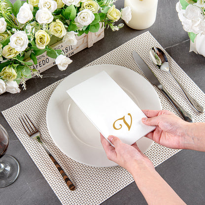 Luxenap Rectangle Gold Letter V White Paper Linen-Feel Guest Towel / Napkin - Air Laid, Cursive Font - 15 3/4" x 8" - 50 count box