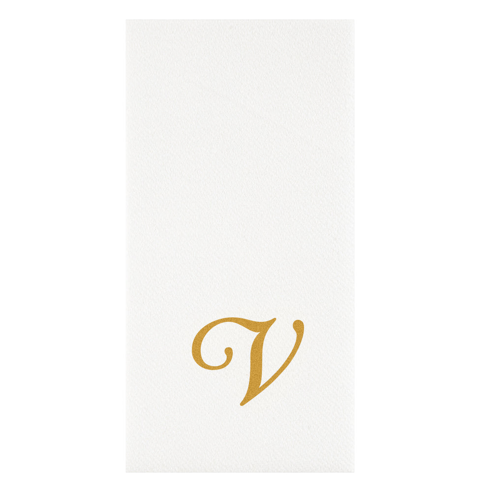 Luxenap Rectangle Gold Letter V White Paper Linen-Feel Guest Towel / Napkin - Air Laid, Cursive Font - 15 3/4" x 8" - 2000 count box