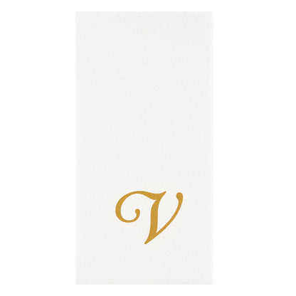 Luxenap Rectangle Gold Letter V White Paper Linen-Feel Guest Towel / Napkin - Air Laid, Cursive Font - 15 3/4" x 8" - 2000 count box