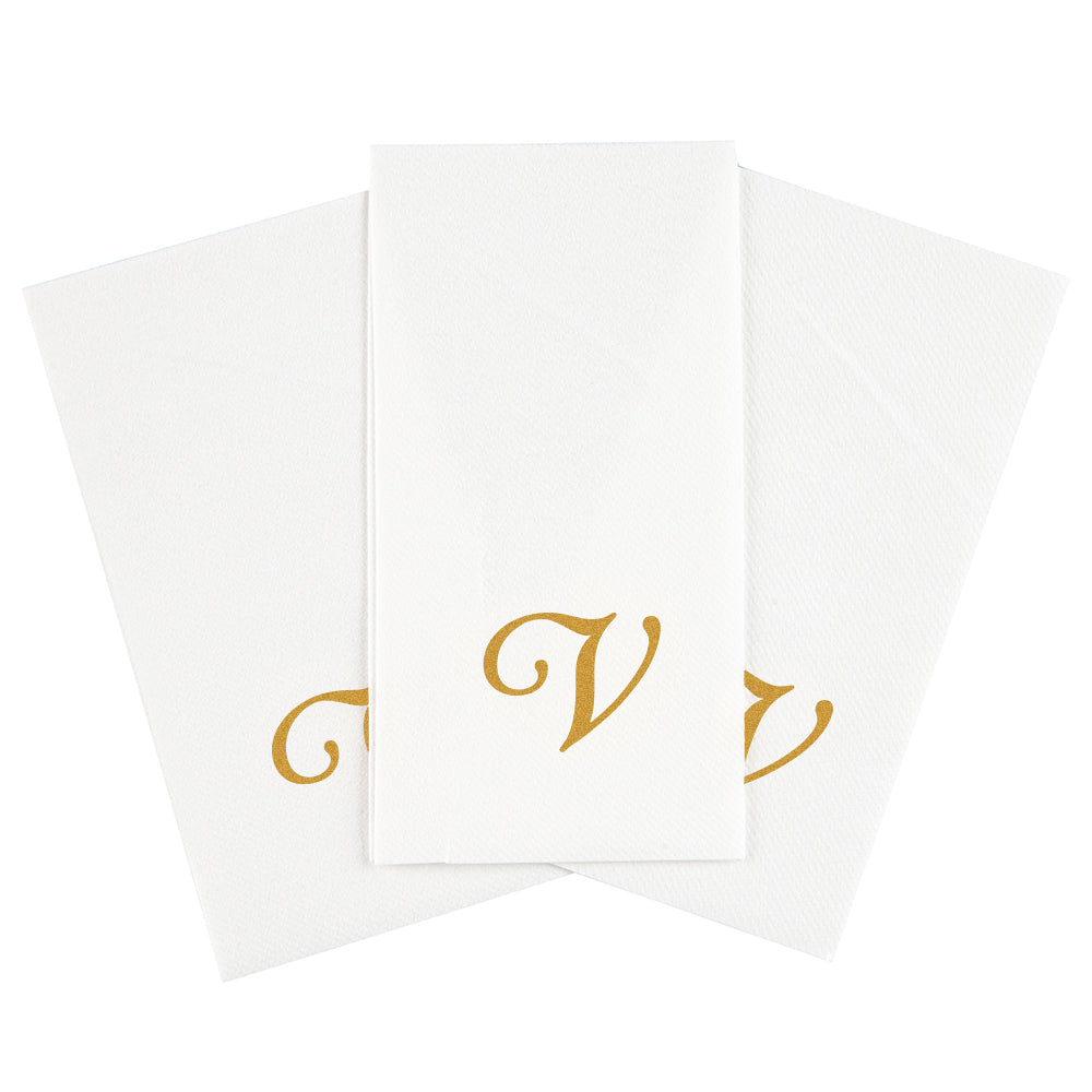 Luxenap Rectangle Gold Letter V White Paper Linen-Feel Guest Towel / Napkin - Air Laid, Cursive Font - 15 3/4" x 8" - 2000 count box