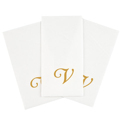 Luxenap Rectangle Gold Letter V White Paper Linen-Feel Guest Towel / Napkin - Air Laid, Cursive Font - 15 3/4" x 8" - 2000 count box