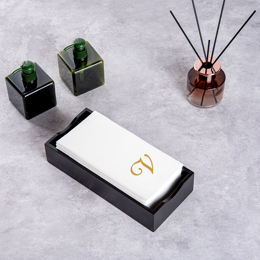Luxenap Rectangle Gold Letter V White Paper Linen-Feel Guest Towel / Napkin - Air Laid, Cursive Font - 15 3/4" x 8" - 2000 count box