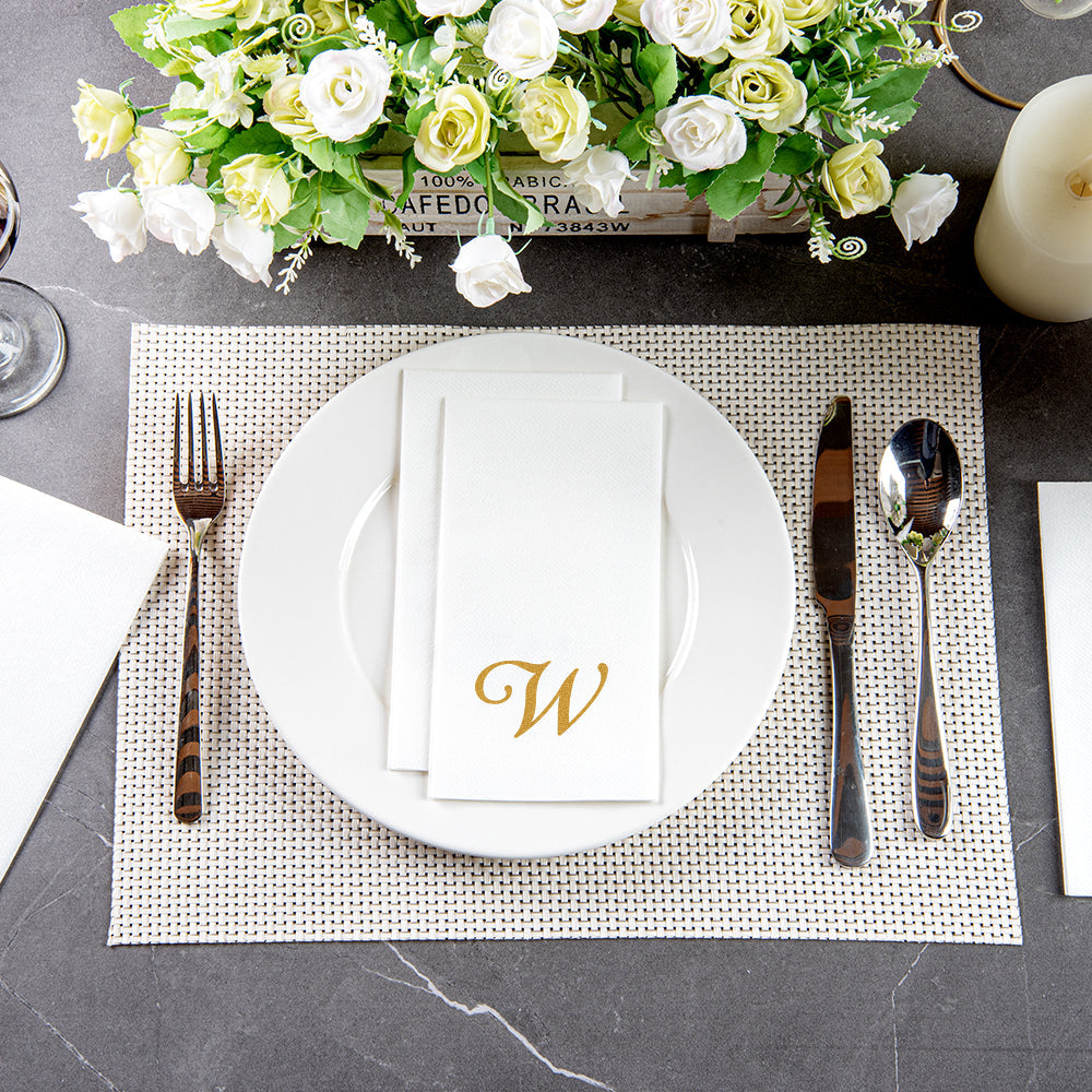 Luxenap Rectangle Gold Letter W White Paper Linen-Feel Guest Towel / Napkin - Air Laid, Cursive Font - 15 3/4" x 8" - 2000 count box