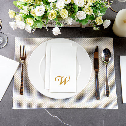 Luxenap Rectangle Gold Letter W White Paper Linen-Feel Guest Towel / Napkin - Air Laid, Cursive Font - 15 3/4" x 8" - 2000 count box