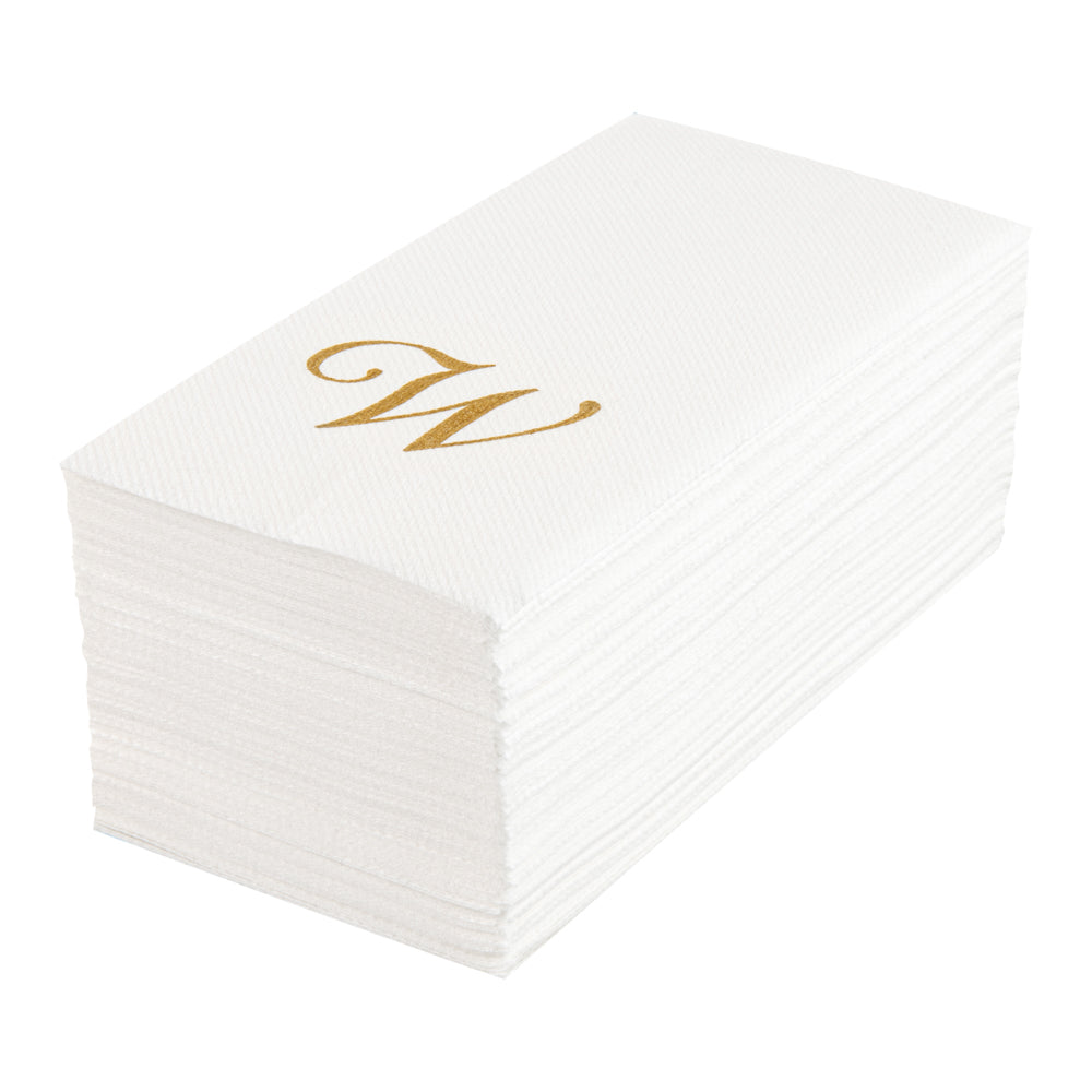 Luxenap Rectangle Gold Letter W White Paper Linen-Feel Guest Towel / Napkin - Air Laid, Cursive Font - 15 3/4" x 8" - 50 count box