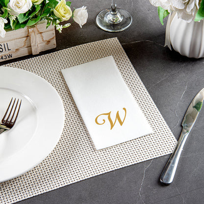 Luxenap Rectangle Gold Letter W White Paper Linen-Feel Guest Towel / Napkin - Air Laid, Cursive Font - 15 3/4" x 8" - 50 count box