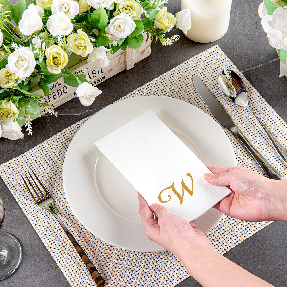 Luxenap Rectangle Gold Letter W White Paper Linen-Feel Guest Towel / Napkin - Air Laid, Cursive Font - 15 3/4" x 8" - 50 count box
