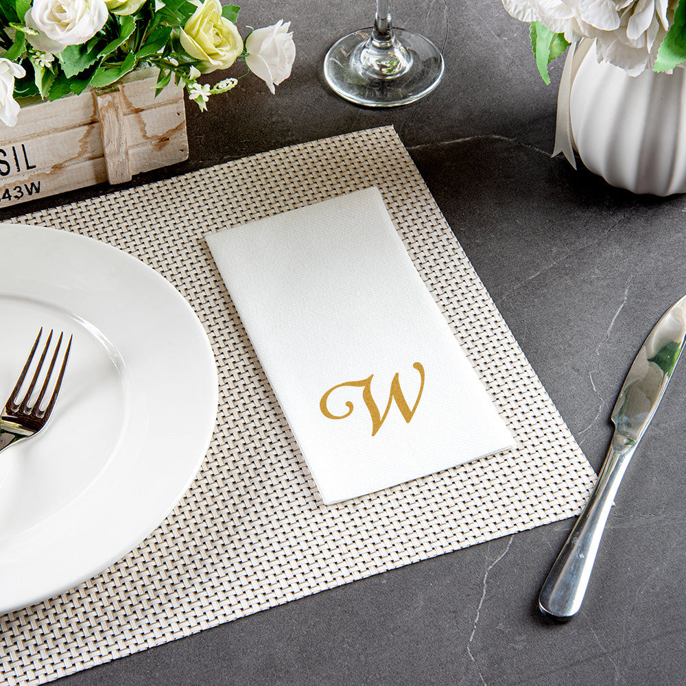 Luxenap Rectangle Gold Letter W White Paper Linen-Feel Guest Towel / Napkin - Air Laid, Cursive Font - 15 3/4" x 8" - 2000 count box
